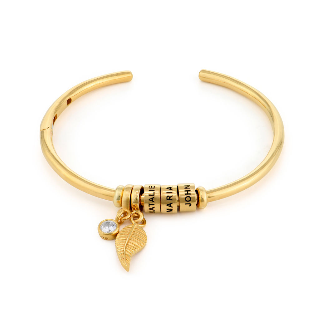 Kreisanhänger-Armreif mit Blatt und personalisierten Beads™ mit 750er-Gold-Beschichtung
