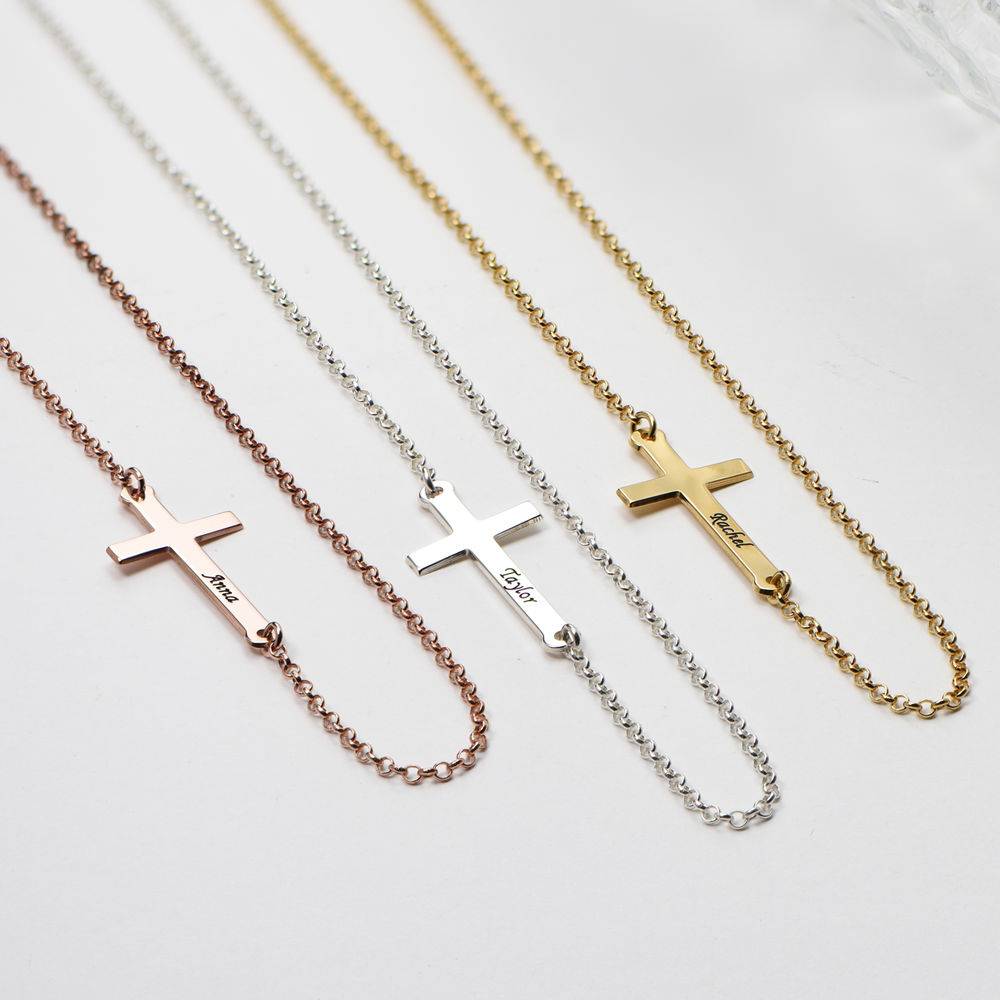 Side Cross Engraved Necklace in Gold Plated