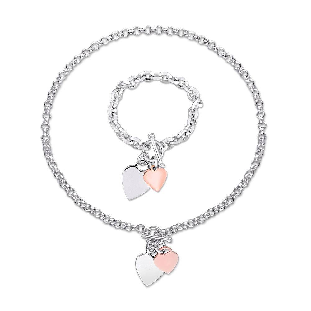 2pc Set of Oval Link Necklace and Bracelet with Sterling Silver and Rose Gold Plated Heart Charms & Toggle Clasp