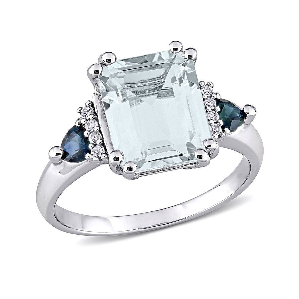 3 1/3 CT. T.G.W. Aquamarine & Sapphire Ring in Sterling Silver with Diamonds