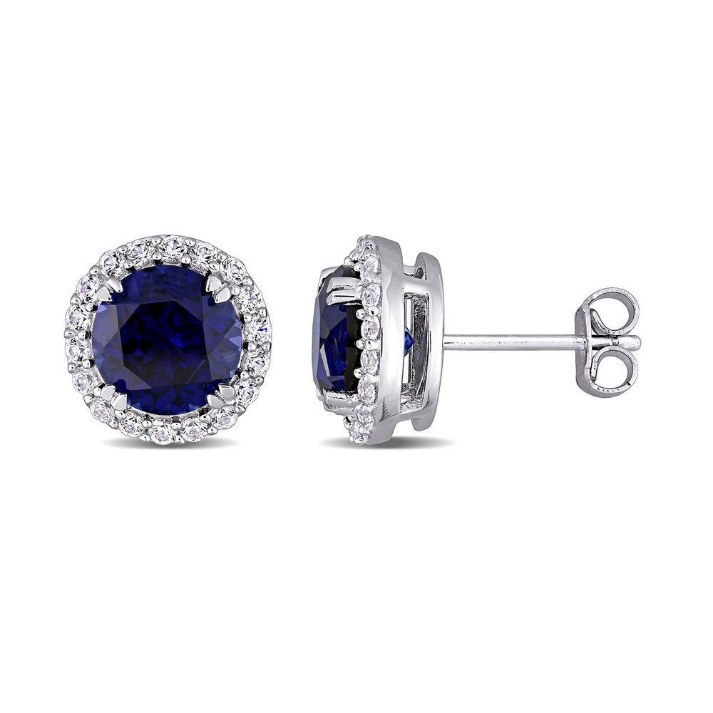 8.0mm Lab-Created Blue and White Sapphires Frame Stud Earrings in Sterling Silver