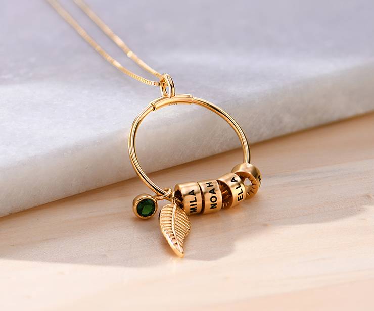 Circle Pendant Necklace with Leaf And Custom Beads in 18ct Gold Plating
