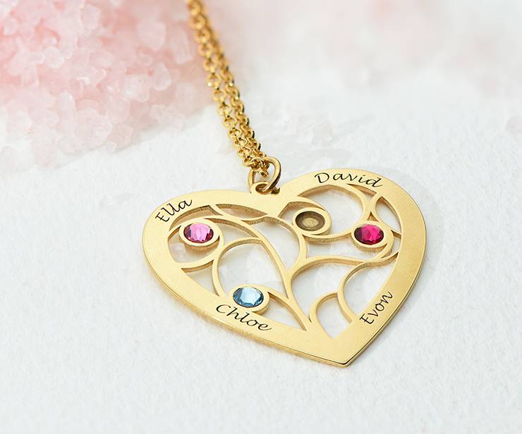 Heart Family Tree Necklace with Birthstones in Gold Vermeil 