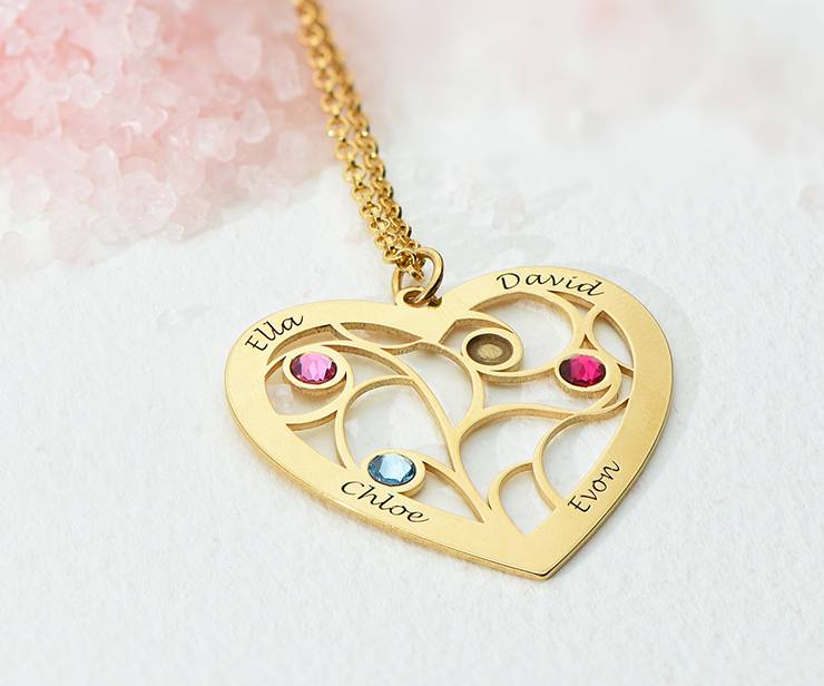 Hjerteformet livets træ halskæde med månedssten i guld vermeil