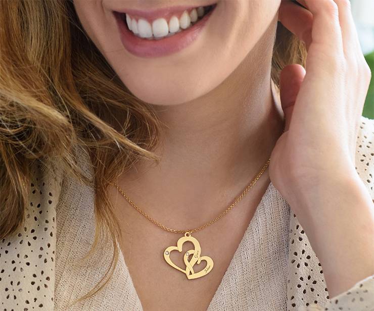 Engraved Two Heart Necklace - 14k Gold