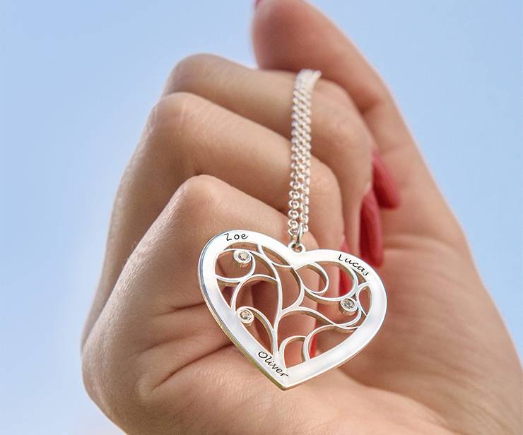 Heart Family Tree Necklace with Birthstones in Sterling Silver