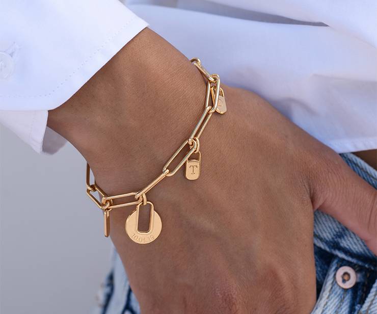 Chain Link Bracelet with Custom charms in 18K Gold Plating