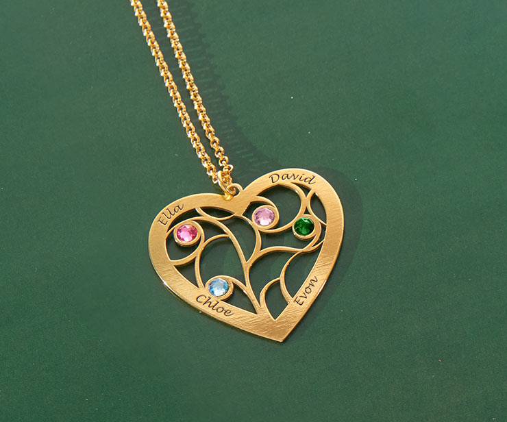 Collar Árbol de la Vida en forma de Corazón con Piedras de Nacimiento Chapado en Oro