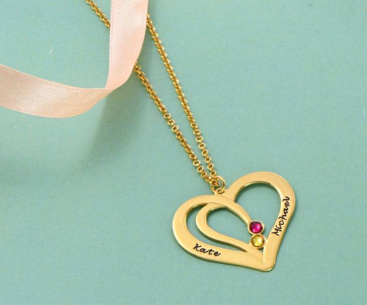 Engraved Couples Birthstone Necklace in Gold Plating