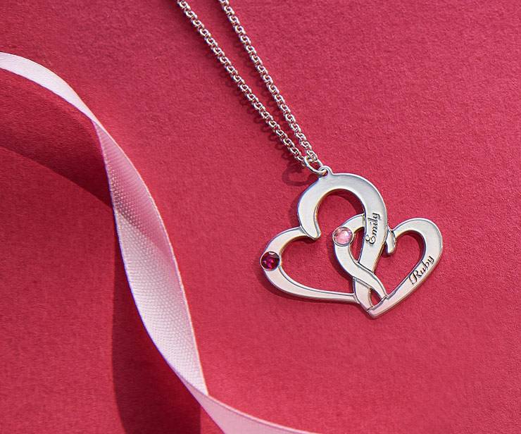 Engraved Two Heart Necklace in Sterling Silver