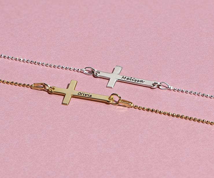 18k Gold Plated Silver Engraved Side Cross Necklace
