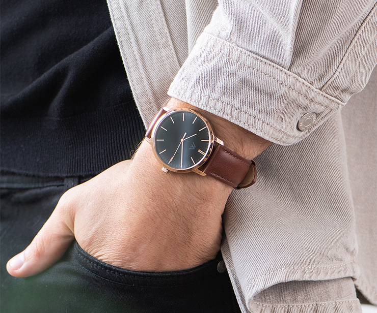 Hampton Personalized Minimalist Brown Leather Band Watch for Men