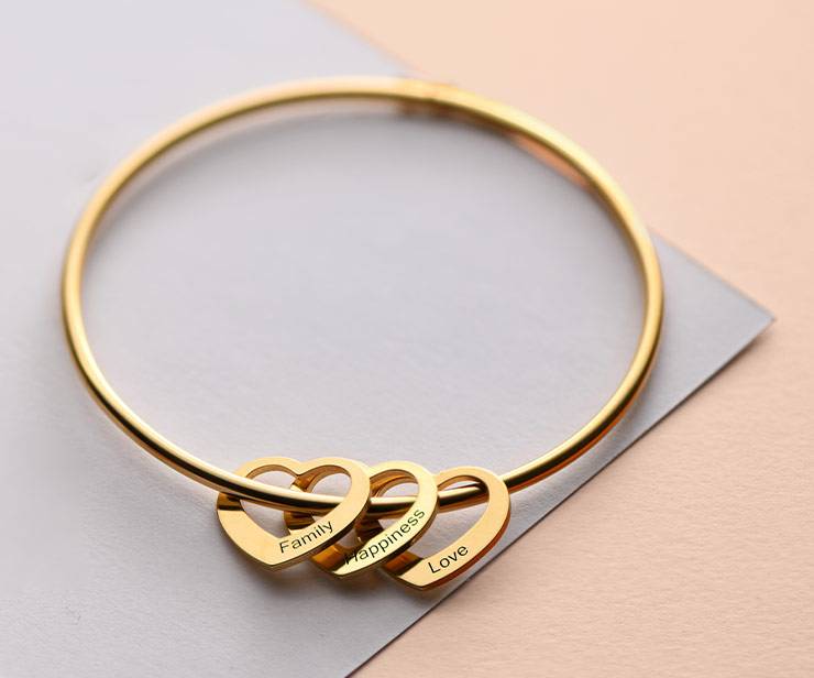 Bangle Bracelet with Heart Shape Pendants in Gold Vermeil