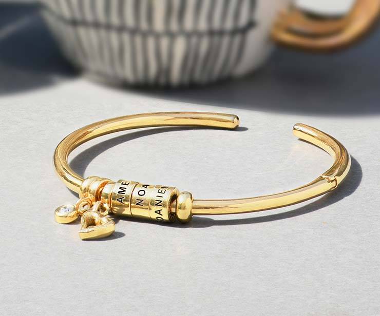 Linda Open Bangle Bracelet with Beads and Diamond in Gold Plating