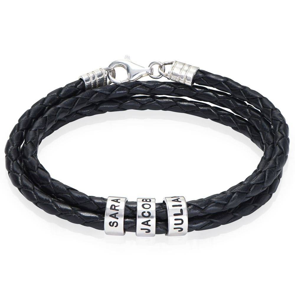 Men's Braided Leather Bracelet with Small Custom Beads in Silver