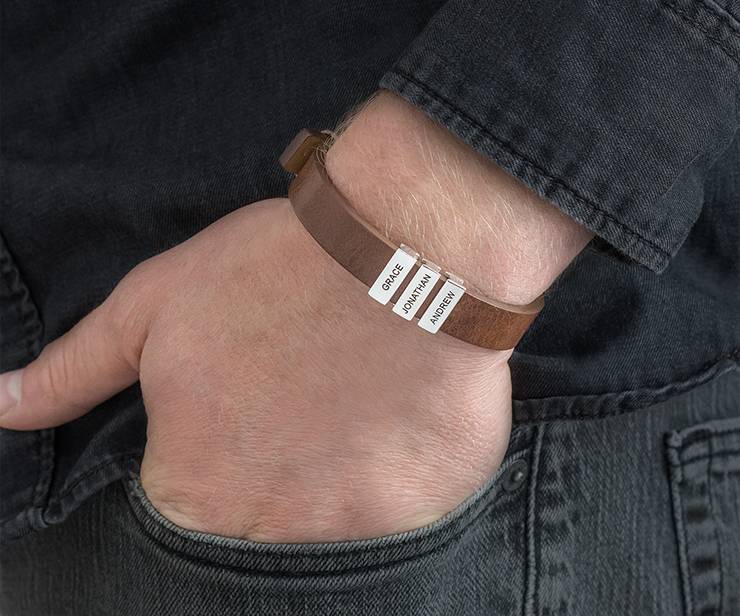 Mens Brown Leather Bracelet with Custom Silver Beads