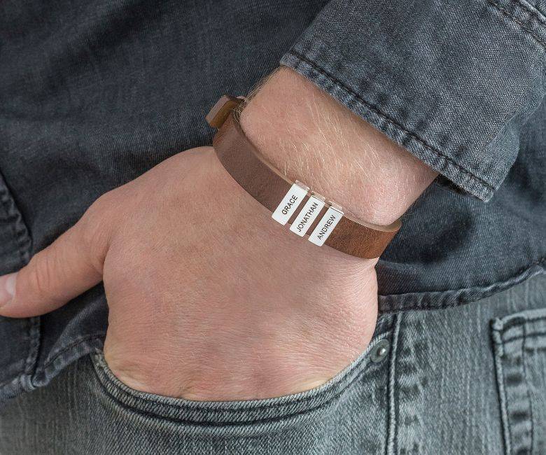 Voyage Men's Leather Bracelet with Custom Silver Bricks in Brown