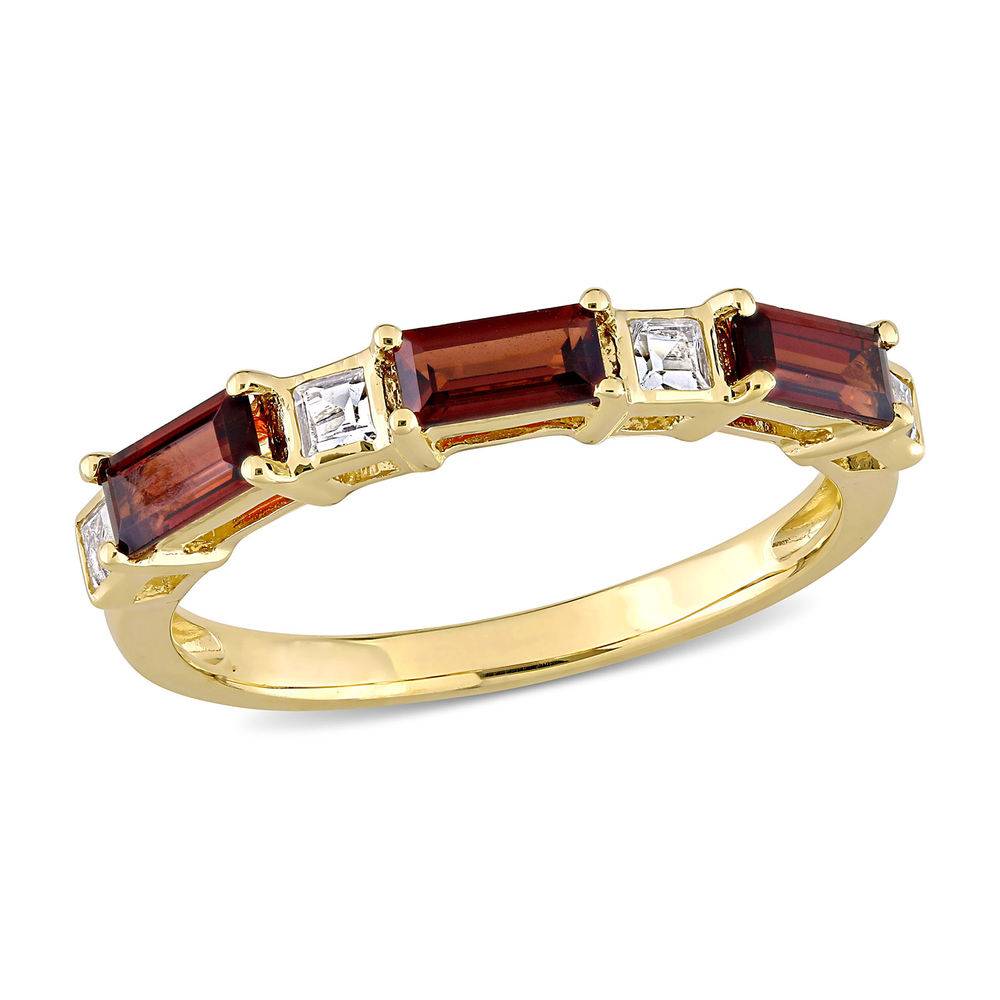Baguette Ring with Garnet and White Topaz Gemstones in 10k Yellow Gold