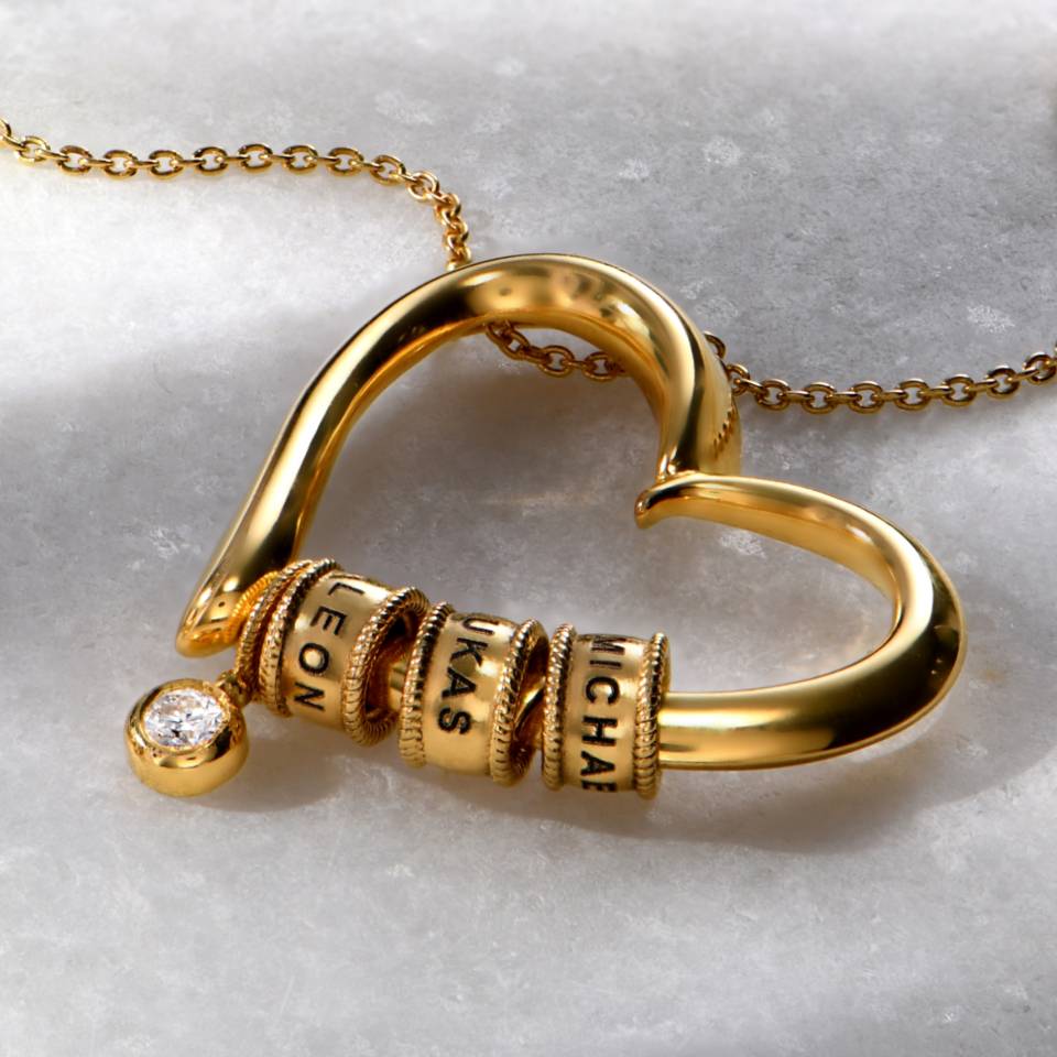 Charming Heart Necklace with Engraved Beads in Gold Plating with 0.10 ct Diamond