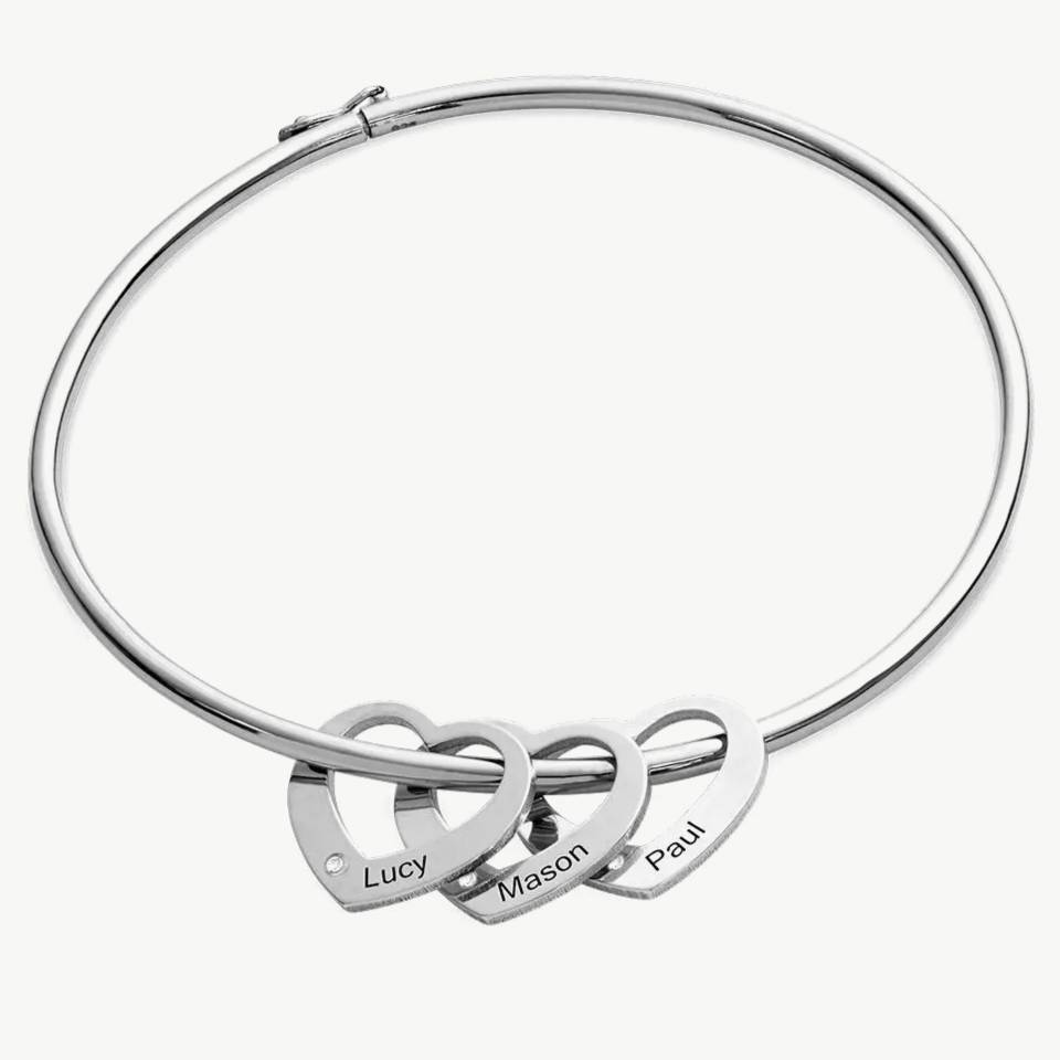 Chelsea Bangle with Heart Pendants in Sterling Silver with Diamonds
