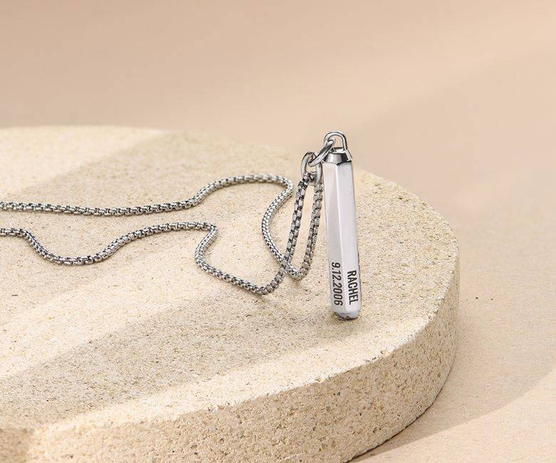 3D Engraved Hexagon Bar Necklace in Stainless Steel for Dad