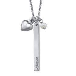 Bar Necklace with heart charm and pearl in Silver product photo