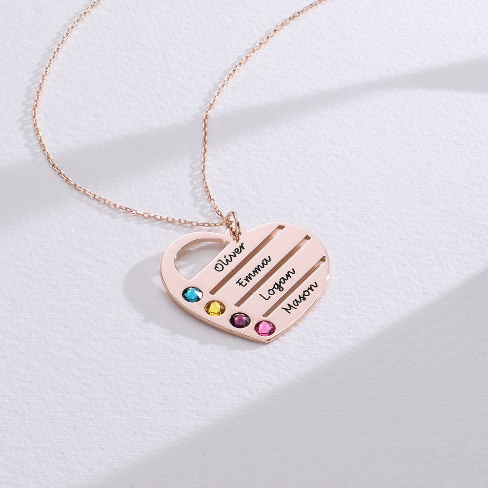 Birthstone Heart Necklace with Engraved Names in 14K Rose Gold