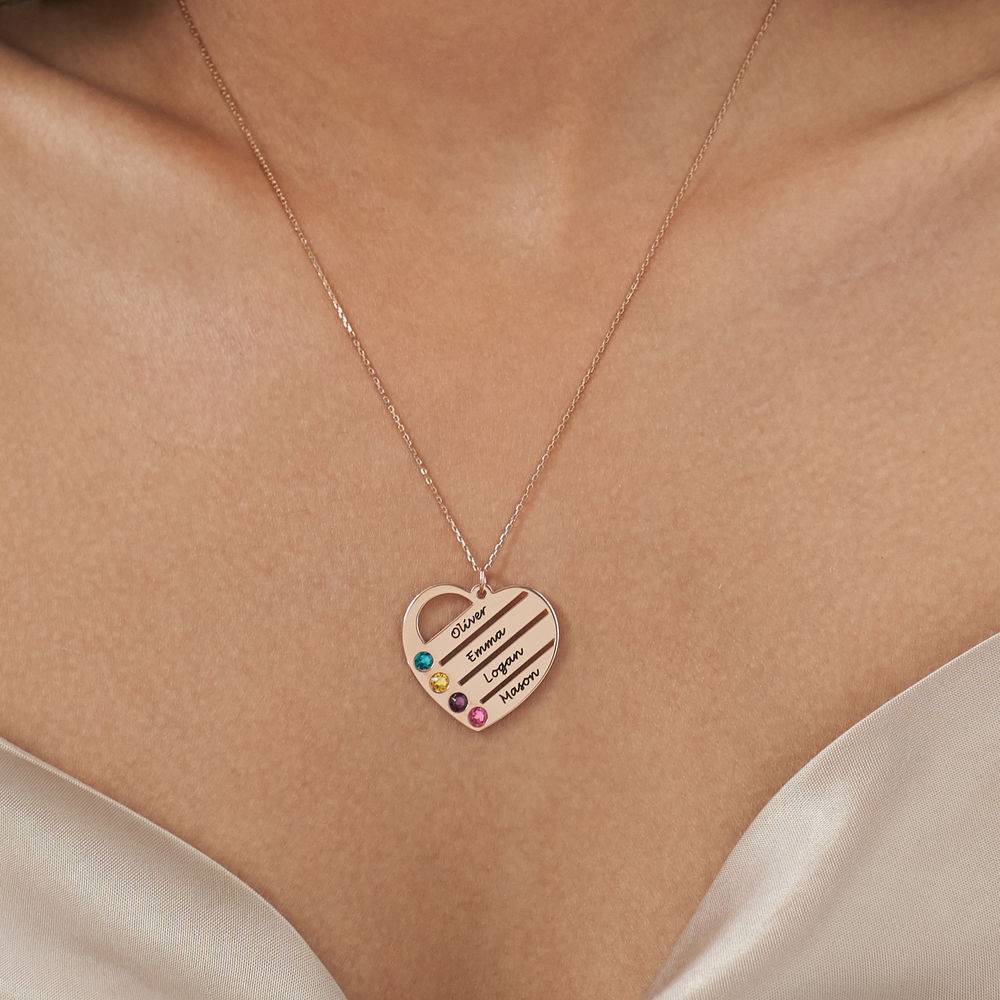 Birthstone Heart Necklace with Engraved Names in 14K Rose Gold