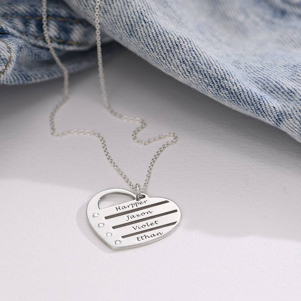 Diamond Heart Necklace with Engraved Names in Sterling Silver