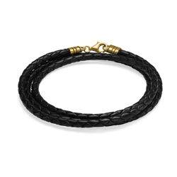 Braided Black Leather Bracelet in Gold Plating