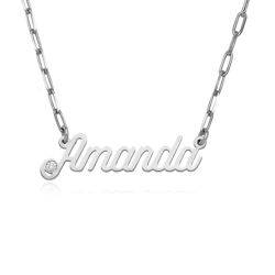 Chain Link Script navn halskjede med diamant i sølv produktbilde