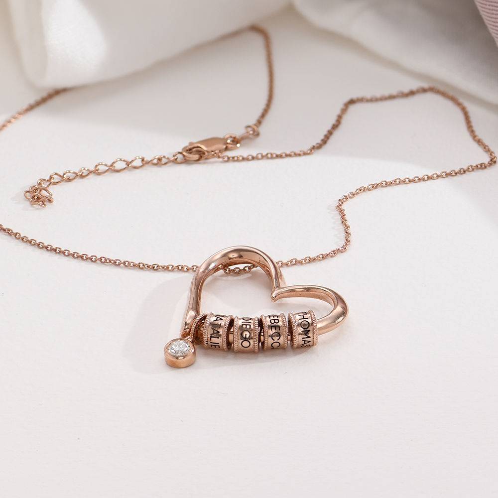 Collier de charme en forme de cœur avec perles gravées en Plaqué Or Rose avec 0.25 ct diamant
