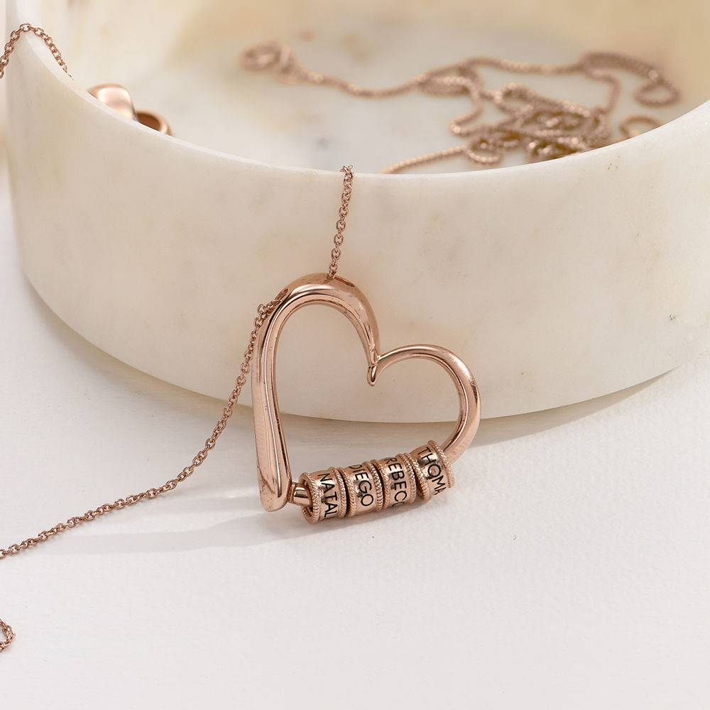 Charming Heart Necklace with Engraved Beads in Rose Vermeil