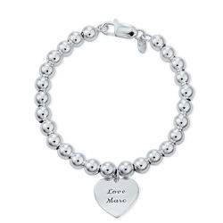 Engraved Heart Charm Beaded Bracelet in Sterling Silver product photo