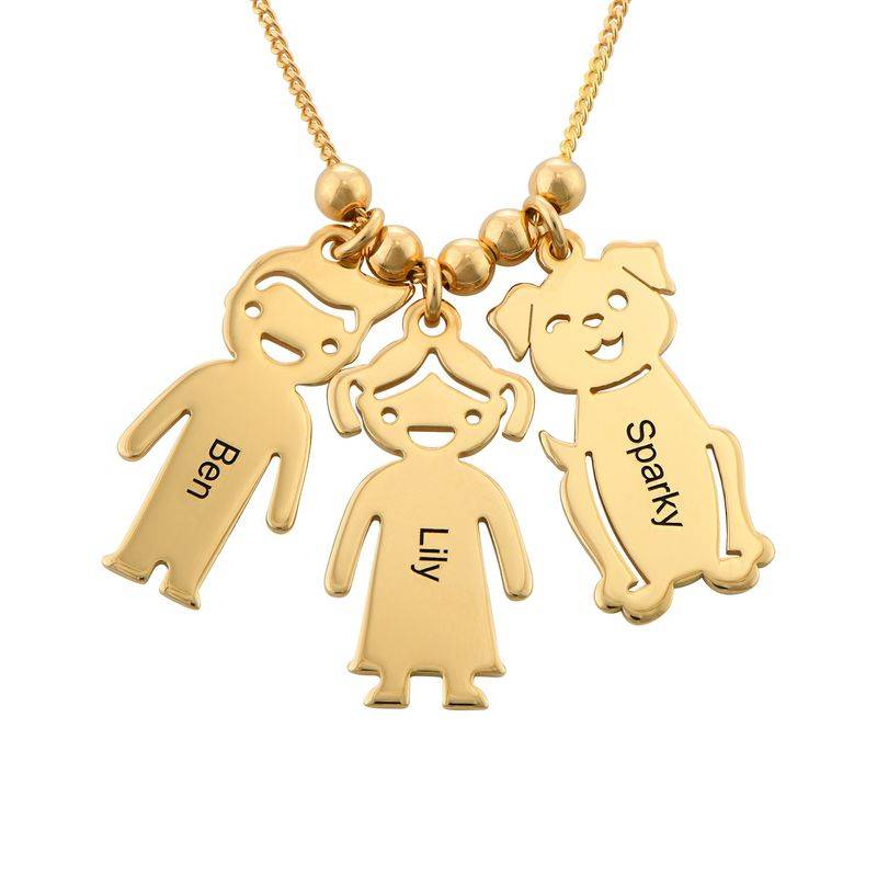 Engraved Kids Charm with Cat and Dog Charm Necklace in Gold Plating