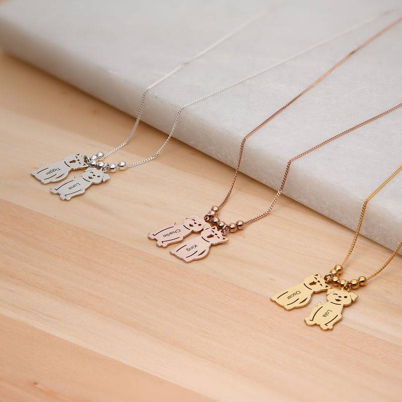 Engraved Kids Charm with Cat and Dog Charm Necklace in Rose Gold Plating