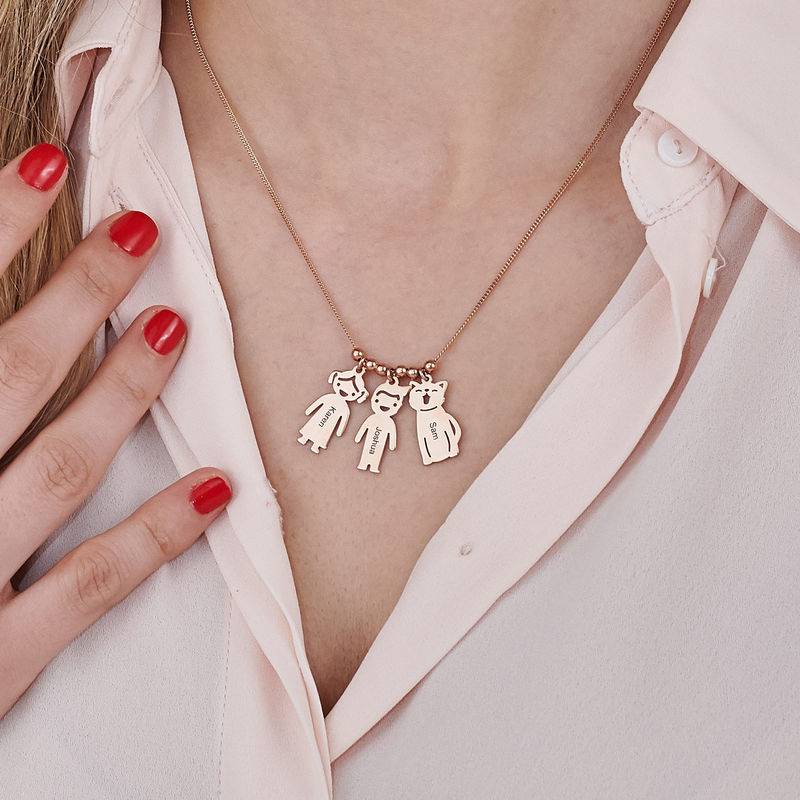 Engraved Kids Charm with Cat and Dog Charm Necklace in Rose Gold Plating