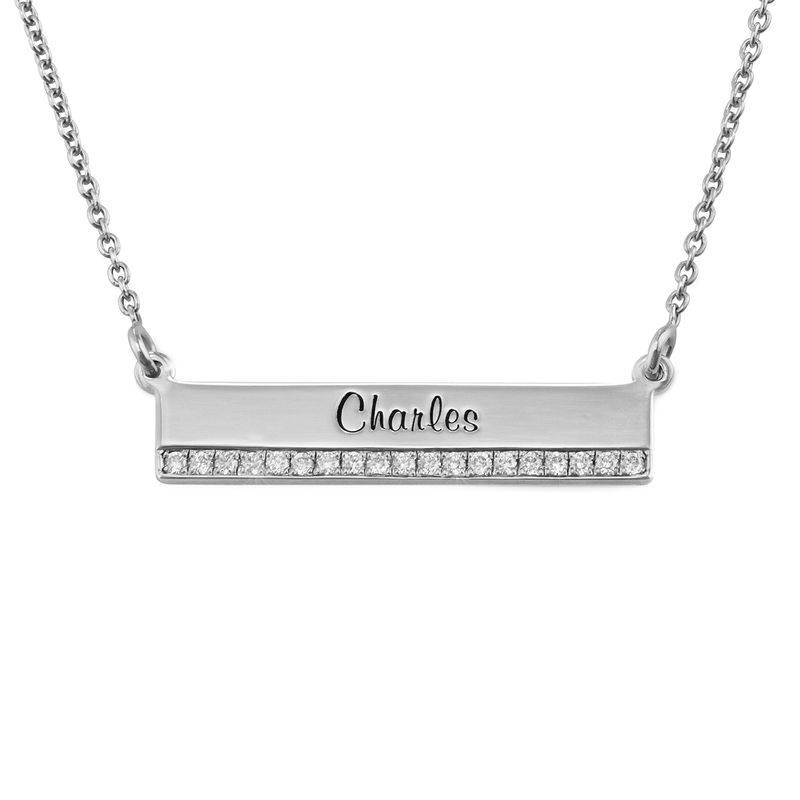Engraved Pave Bar Necklace with Diamonds in Sterling Silver