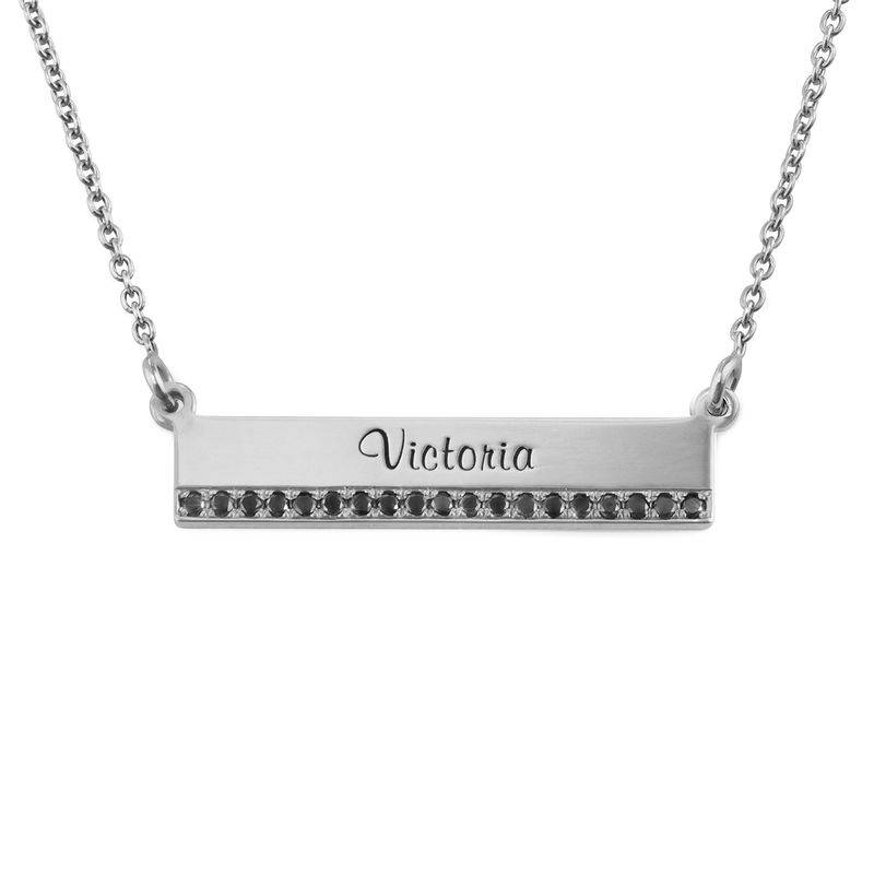 Engraved Pave Bar Necklace with Diamonds in Sterling Silver