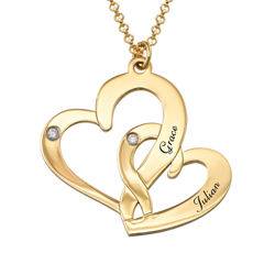 Engraved Two Heart Necklace Gold Plated with Diamonds product photo