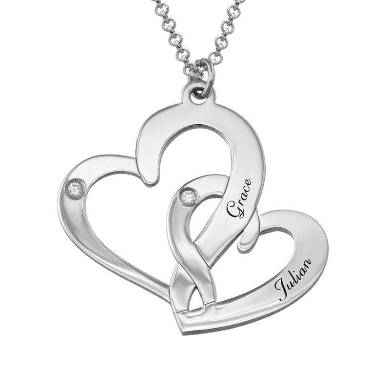 Engraved Two Heart Necklace Sterling Silver with Diamonds product photo