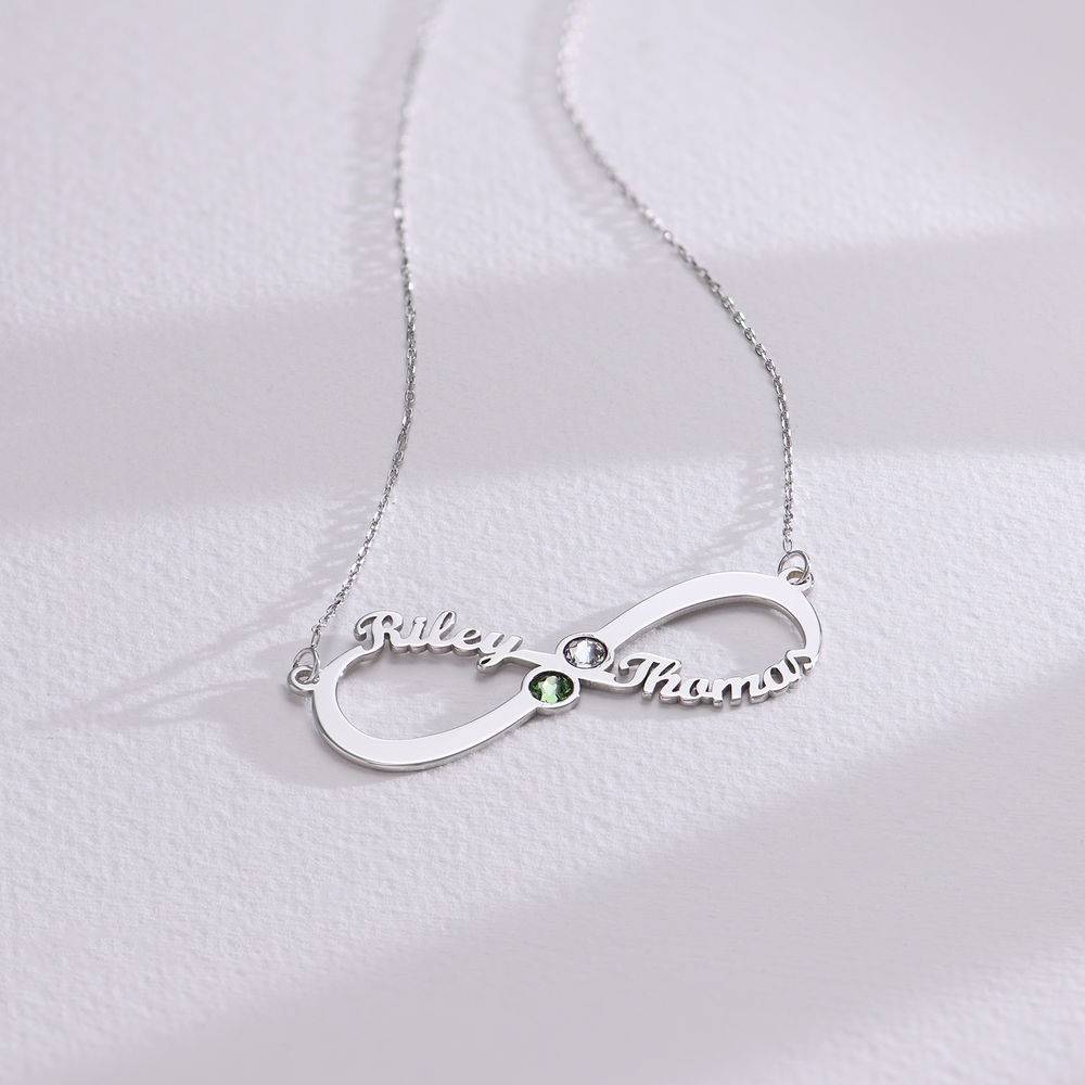 Infinity Name Necklace with Birthstones in 10K White Gold