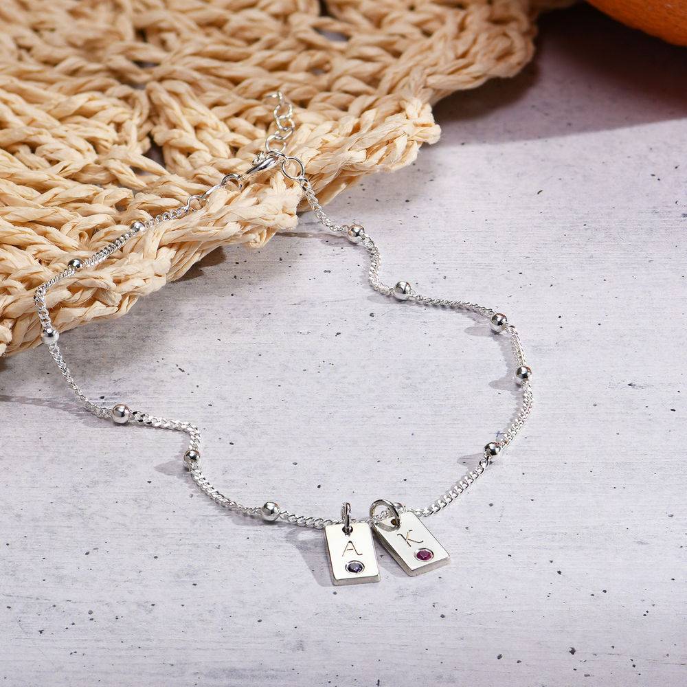 Initial Birthstone Tag Anklet in Sterling Silver