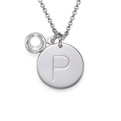 Engraved Charm Birthstone Initial Pendant in Sterling Silver