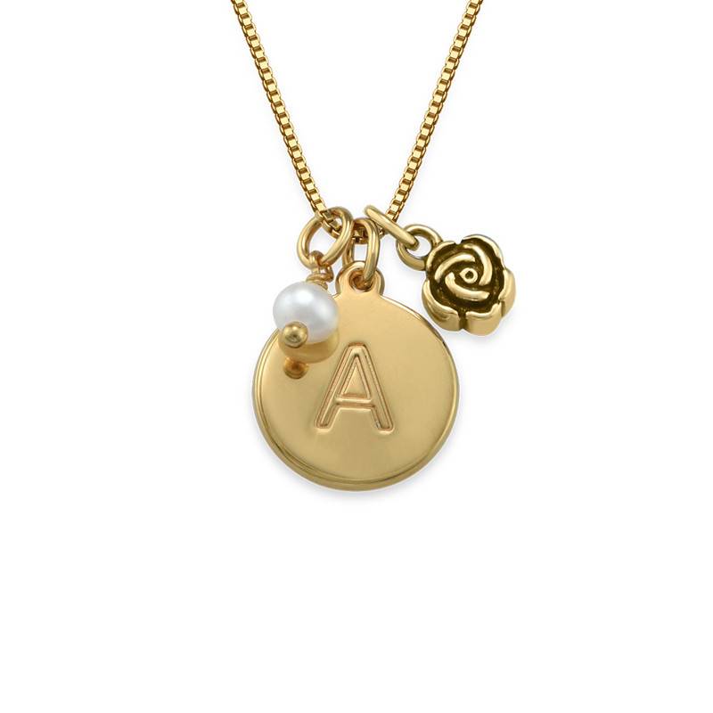 Initial Circle Necklace with pearl and rose charm in Gold Plating