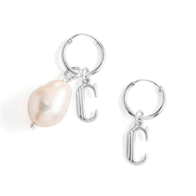 Initial Letter Earrings with Hanging Baroque Pearl in Sterling Silver product photo