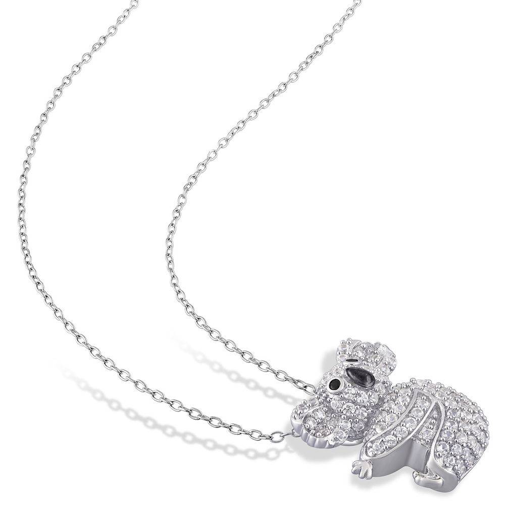 Koala Necklace with Lab-Created White Sapphire & Black Spinel in Sterling Silver and Rhodium Plated
