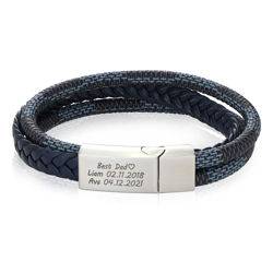 Men's 3-Layer Blue & Grey Braided Leather Bracelet in Stainless Steel product photo