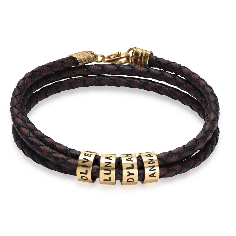 Navigator Braided Brown Leather Bracelet with Small Custom Beads in Gold Plating