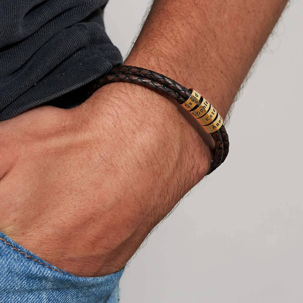 Navigator Braided Brown Leather Bracelet with Small Custom Beads in Gold Plating